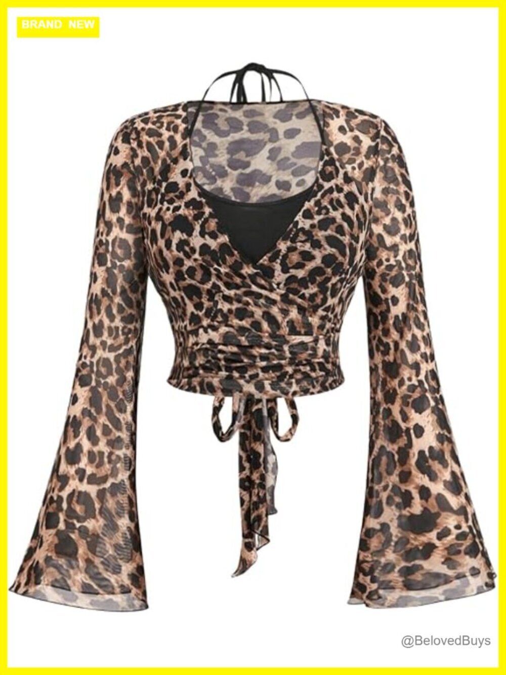 Plus Size Leopard Halter Top with Mesh Long Bell Sleeves